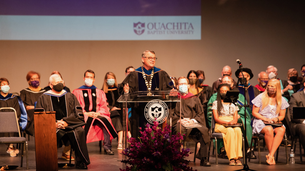 Dr. Ben R. Sells addresses students, faculty and staff during the 2021 convocation service.