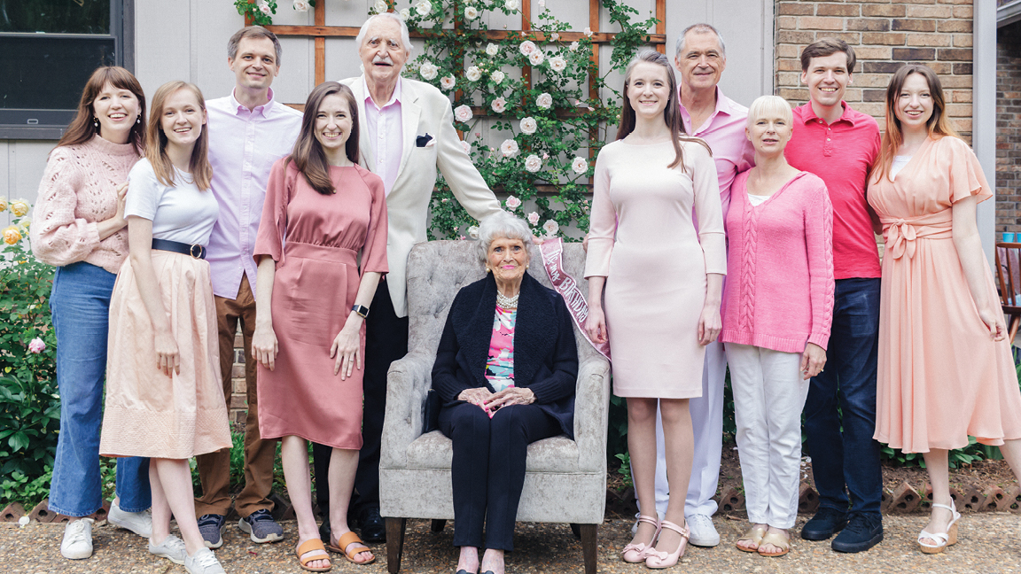 The Johnson family gathered for Sally’s 90th birthday in May (left to right):  Lauren (’16), Jessica (’23), Cameron (’13), Keeley (’19), Jerry E., Sally (’54),  Lacey (’14), Jerry G., Buffie, Hamilton (’17) and Felicity (’20).