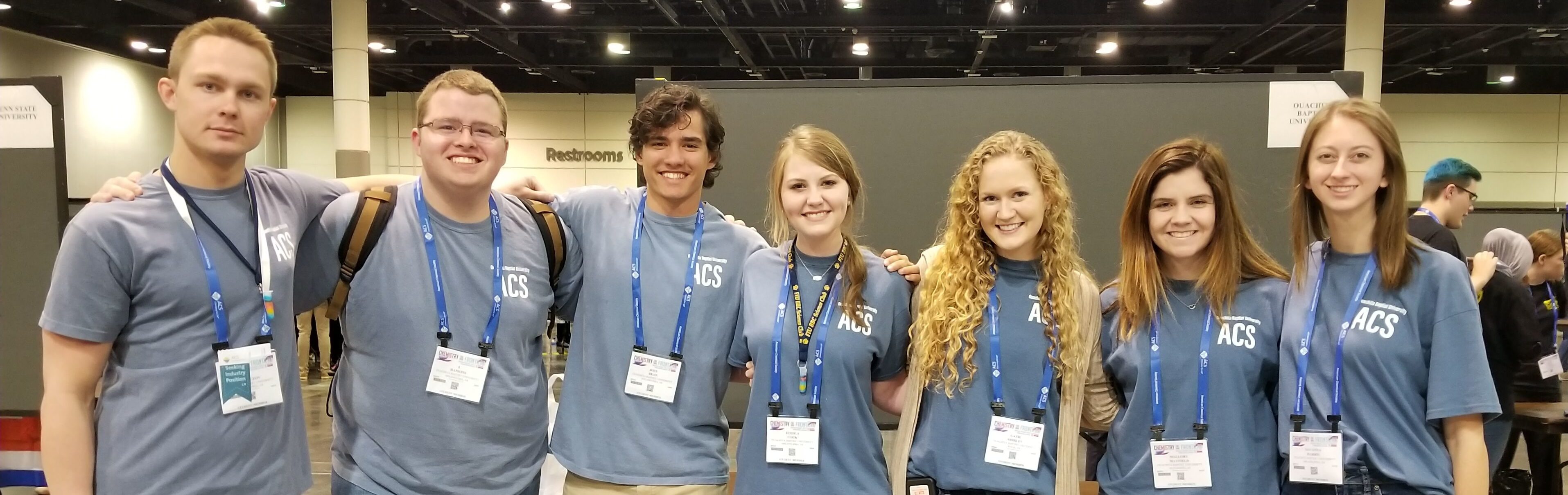 Seven Ouachita students presented research and participated in a demo-exchange at the American Chemical Society national Meeting and Exposition this spring, including (from left): Alex Podguzov, Travis Hankins, Joey Dean, Jessica Snelgrove, Catie Shirley, Mallory Mayfield and Savanna Harris. Photo by Sharon Hamilton.