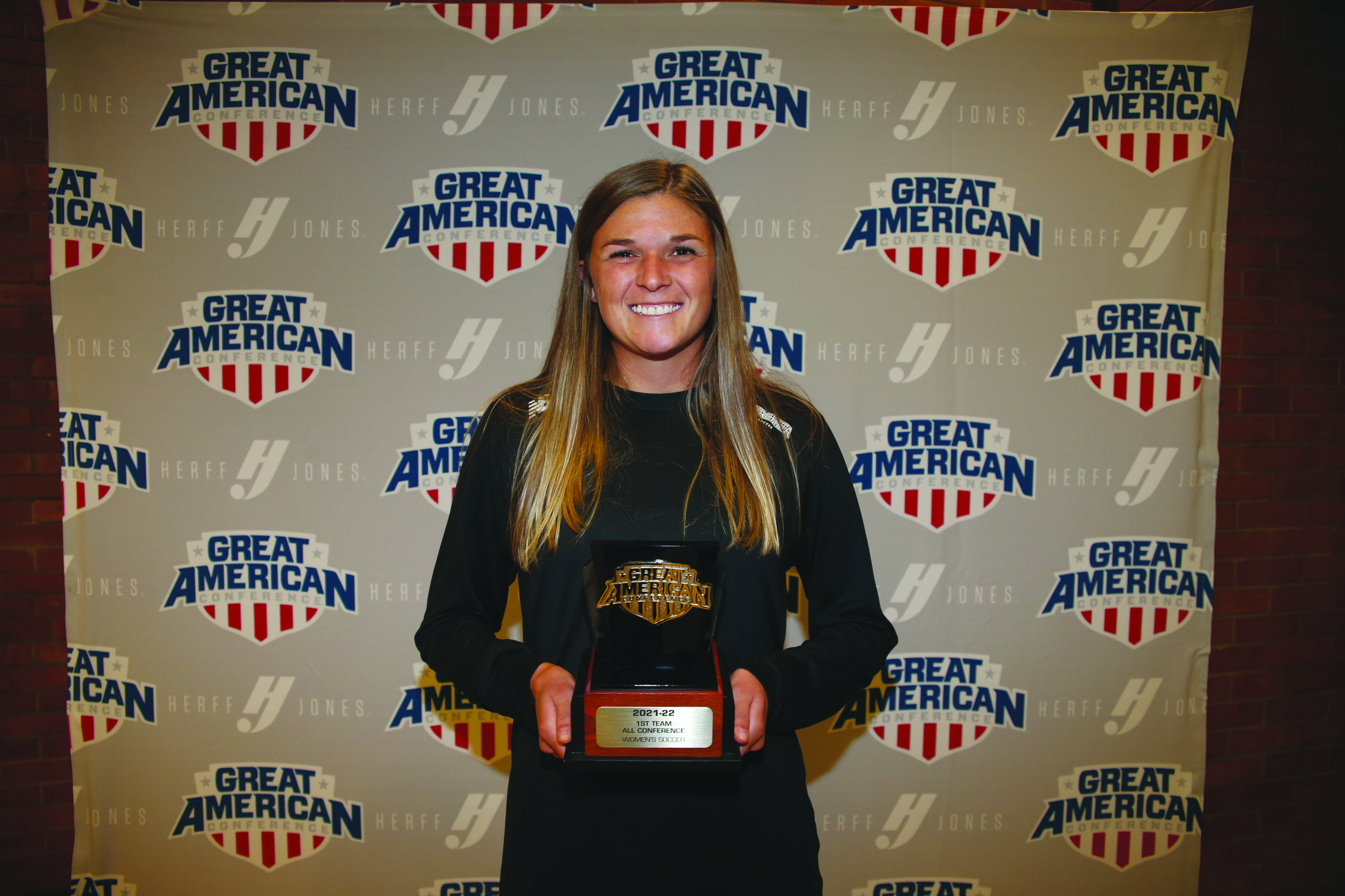 Jaymee Dotson was presented her fourth consecutive first team all-conference award this past November at the Great American Conference women’s soccer championship tournament. Photo courtesy of the GAC.