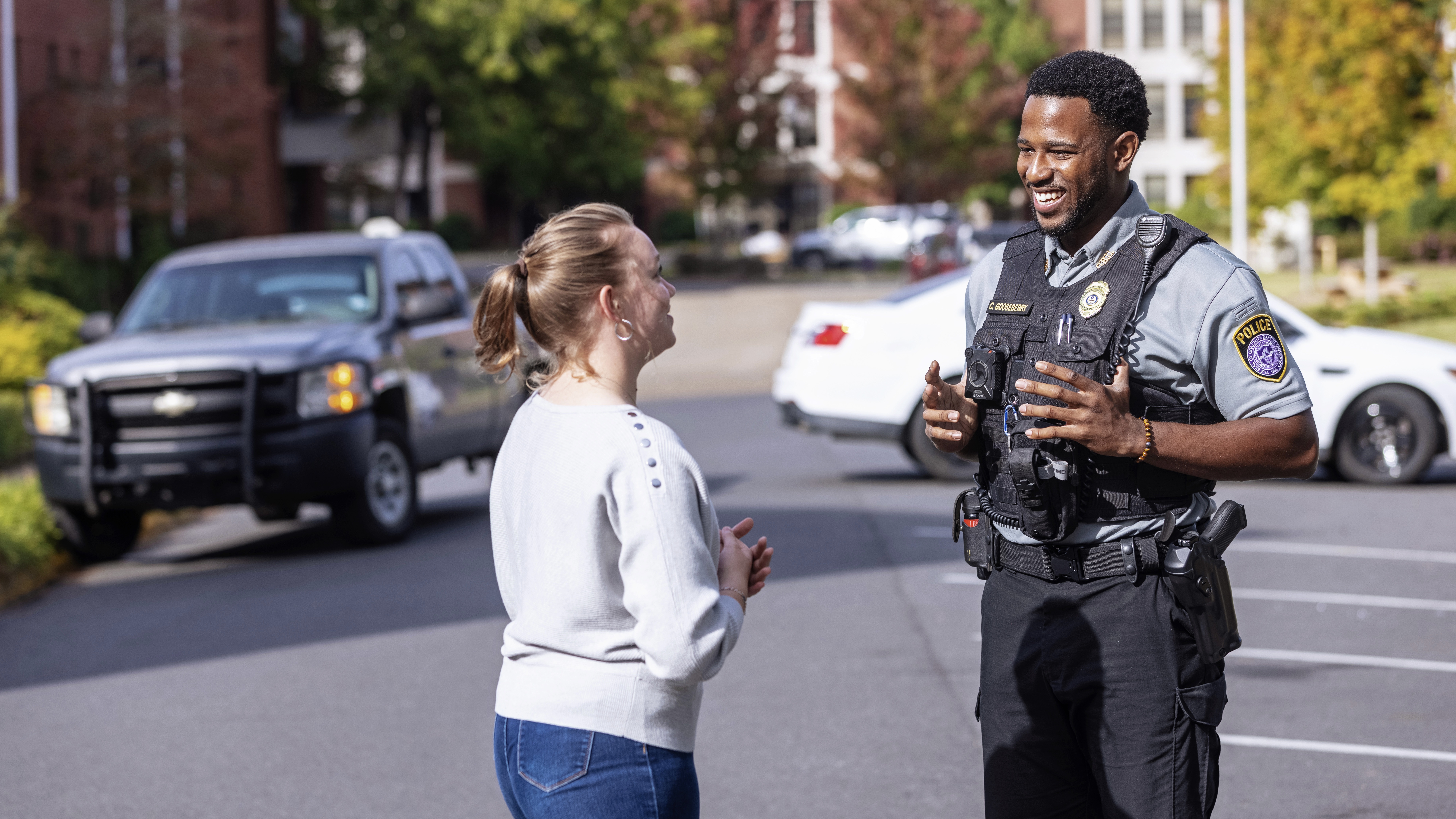 Ouachita Baptist University campus police officer Cori Gooseberry talks with student